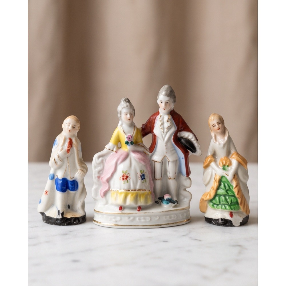 Vintage Made In Occupied Japan Porcelain Figurines Set Of 3 Colonial Couple 3-4"